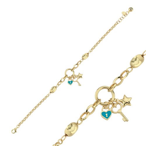 14 Ayar Altın Anahtar Kalp Yıldız Charm Bileklik - CNG Jewels