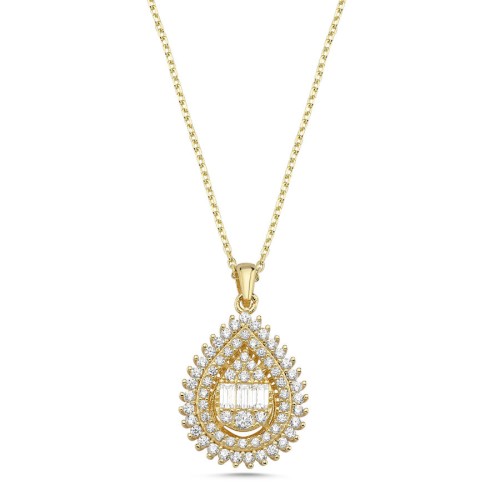 14 Ayar Altın Baget Taşlı Damla Kolye - CNG Jewels