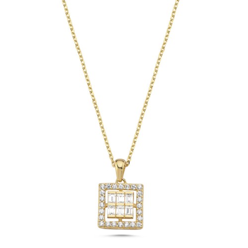 14 Ayar Altın Baget Taşlı Kare Kolye - CNG Jewels