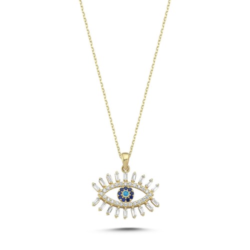 14 Ayar Altın Baget Taşlı Kirpikli Göz Kolye - CNG Jewels