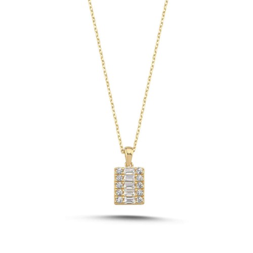 14 Ayar Altın Baget Taşlı Minimal Dikdörtgen Kolye - CNG Jewels