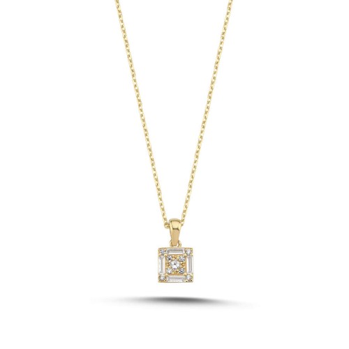 14 Ayar Altın Baget Taşlı Minimal Kare Kolye - CNG Jewels