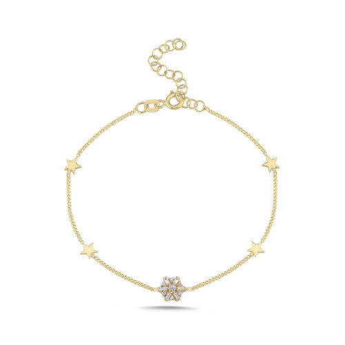 14 Ayar Altın Bagetli Çiçek ve Yıldız Bileklik - CNG Jewels