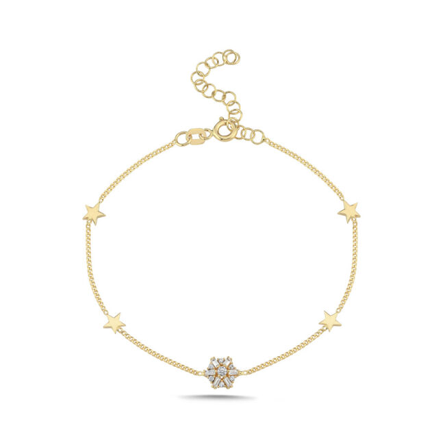 14 Ayar Altın Bagetli Çiçek ve Yıldız Bileklik - 3