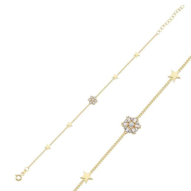 14 Ayar Altın Bagetli Çiçek ve Yıldız Bileklik - 1