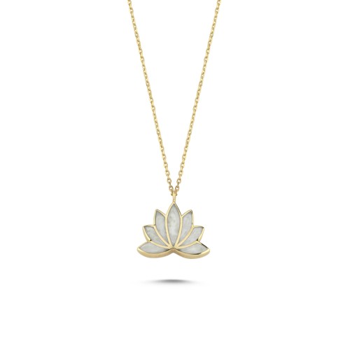 14 Ayar Altın Beyaz Mineli Lotus Çiçeği Kolye - CNG Jewels