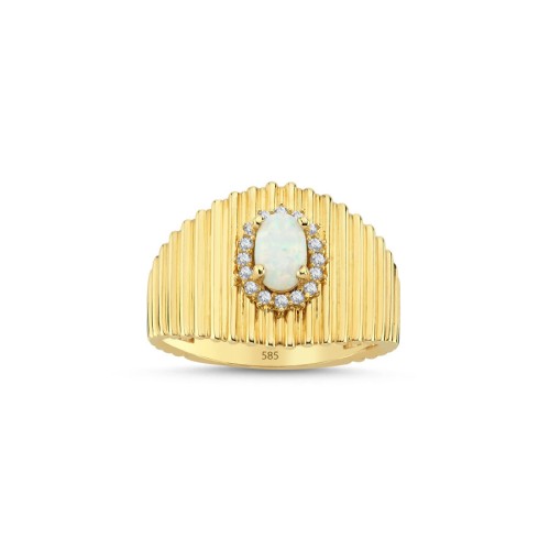 14 Ayar Altın Beyaz Opal Retro Süzme Çizgili Yüzük - CNG Jewels