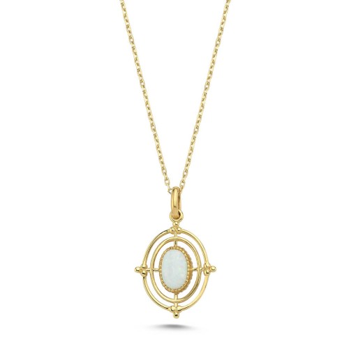 14 Ayar Altın Beyaz Opal Taşlı Oval Vintage Kolye - CNG Jewels