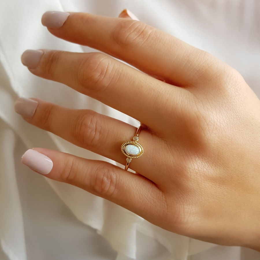 14 Ayar Altın Beyaz Opal Taşlı Yüzük - CNG Jewels (1)