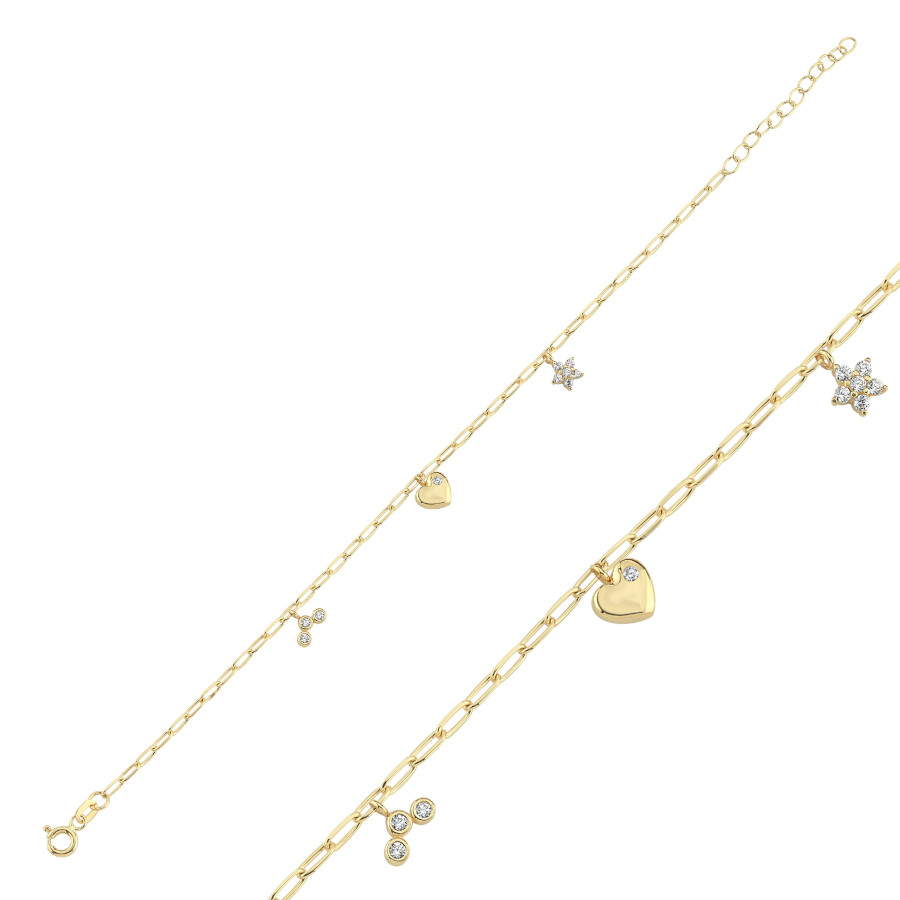 14 Ayar Altın Çiçek ve Kalp Charm Bileklik - CNG Jewels