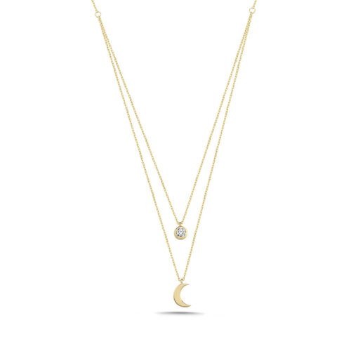 14 Ayar Altın İkili Hilal ve Tektaş Kolye - CNG Jewels