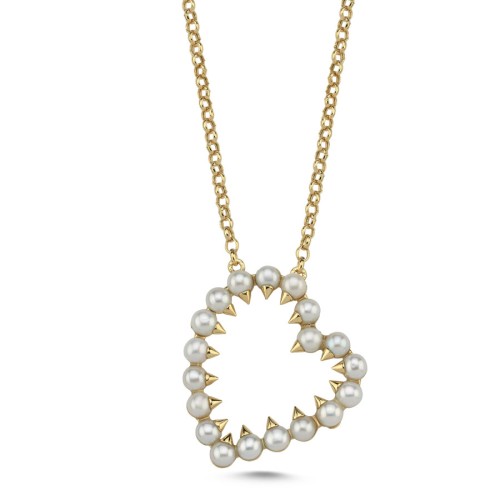 14 Ayar Altın İncili Kalp Kolye - CNG Jewels