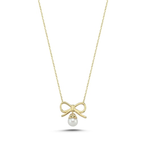14 Ayar Altın İncili Küçük Fiyonk Kolye - CNG Jewels