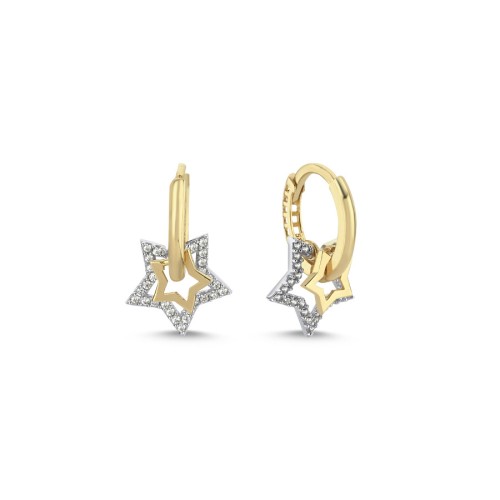 14 Ayar Altın Küçük Sallantılı İki Yıldız Küpe - CNG Jewels