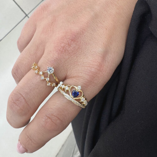 14 Ayar Altın Mavi Kalpli Kraliçe Tacı Yüzük - CNG Jewels (1)