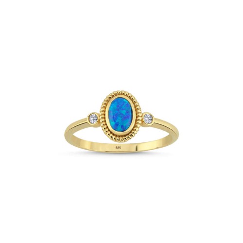 14 Ayar Altın Mavi Opal Taşlı Yüzük - CNG Jewels