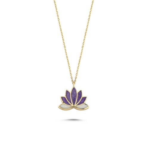14 Ayar Altın Mor Mineli Lotus Çiçeği Kolye - CNG Jewels