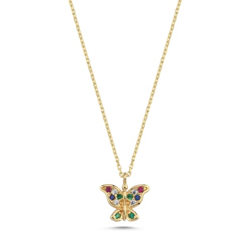 14 Ayar Altın Minimal Renkli Taşlı Kelebek Kolye - CNG Jewels