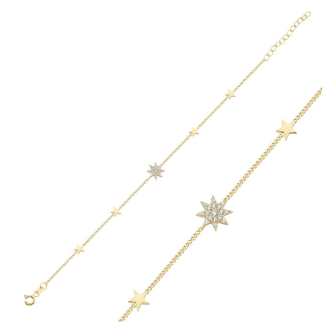 14 Ayar Altın Minimal Taşlı Kutup Yıldızı Bileklik - 1