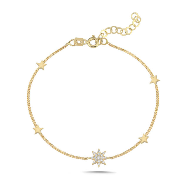14 Ayar Altın Minimal Taşlı Kutup Yıldızı Bileklik - 3