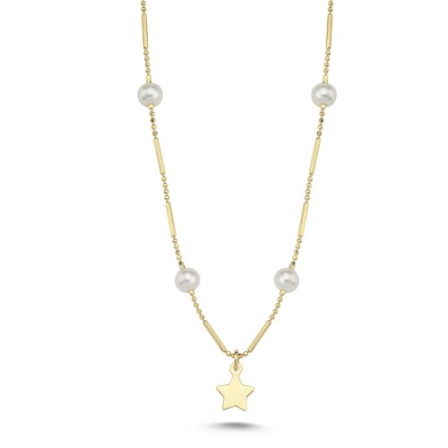 14 Ayar Altın Minimal Yıldız İnci Kolye - CNG Jewels