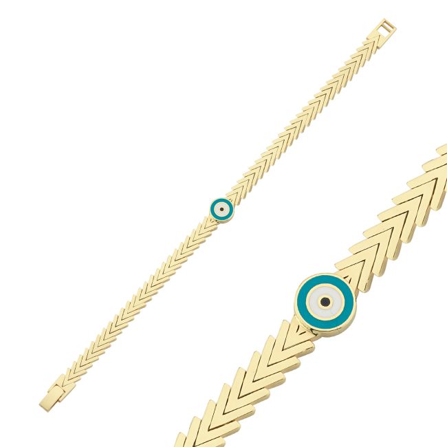14 Ayar Altın Nazar Boncuğu Yassı V Zincirli Bileklik - 1