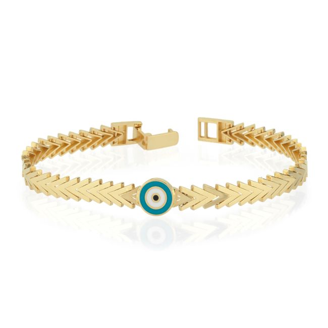 14 Ayar Altın Nazar Boncuğu Yassı V Zincirli Bileklik - 3