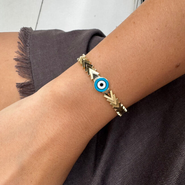 14 Ayar Altın Nazar Boncuğu Yassı V Zincirli Bileklik - 2