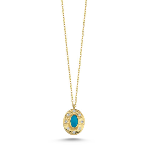 14 Ayar Altın Oval Dövülü Turkuaz Taşlı Kolye - CNG Jewels