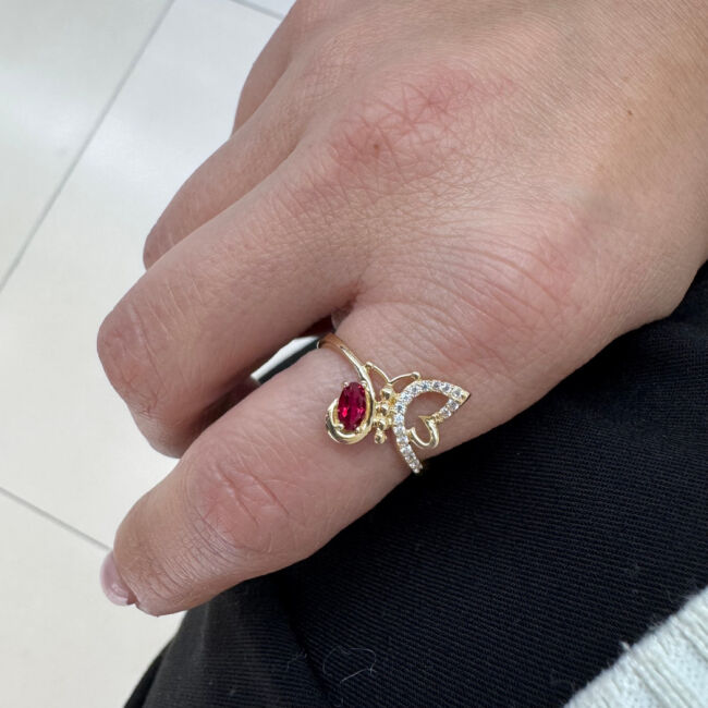 14 Ayar Altın Ruby Kelebek Tasarım Yüzük - 2