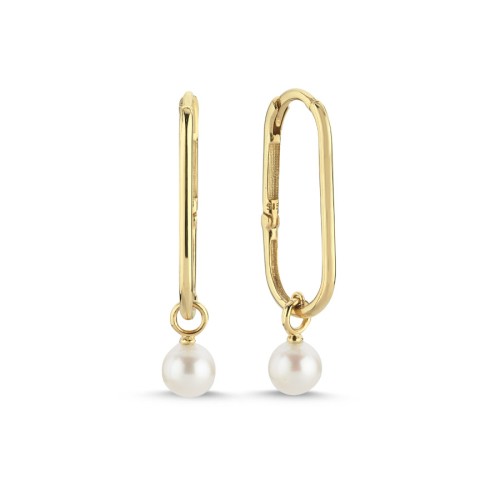 14 Ayar Altın Sallantılı İnci Oval Halka Küpe - CNG Jewels