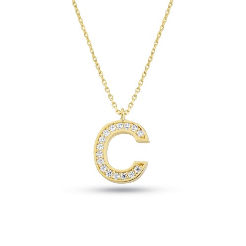14 Ayar Altın Taşlı C Harfi Kolye - CNG Jewels