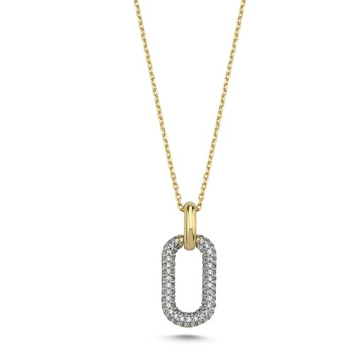 14 Ayar Altın Taşlı Oval Frame Kolye - CNG Jewels