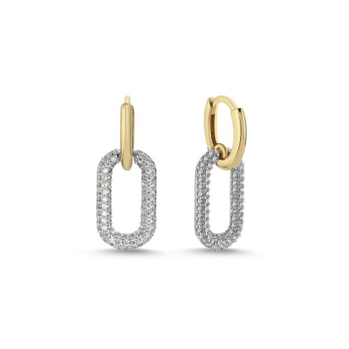14 Ayar Altın Taşlı Oval Frame Sallantılı Küpe - CNG Jewels