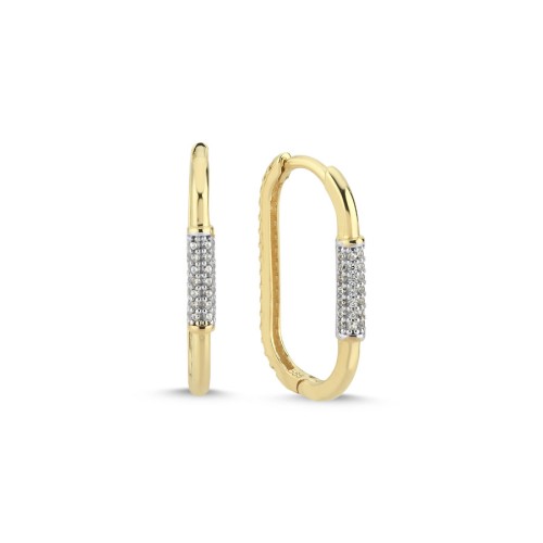 14 Ayar Altın Taşlı Oval Halka Küpe - CNG Jewels