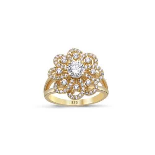 14 Ayar Altın Taşlı Tasarım Çiçek Yüzük - CNG Jewels