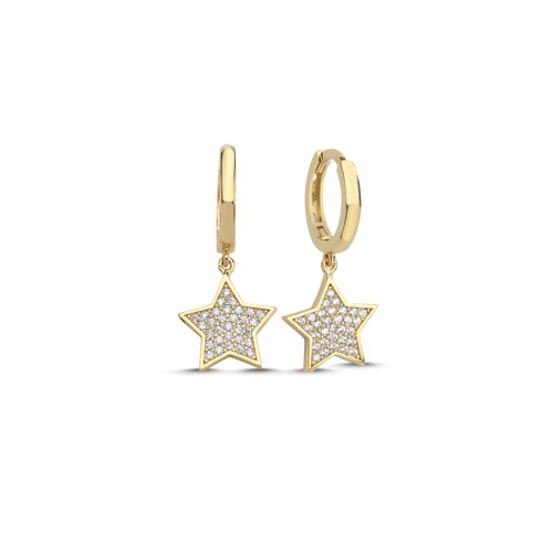 14 Ayar Altın Taşlı Yıldız Sallantılı Küpe - CNG Jewels