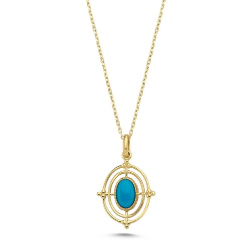 14 Ayar Altın Turkuaz Taşlı Oval Vintage Kolye - CNG Jewels
