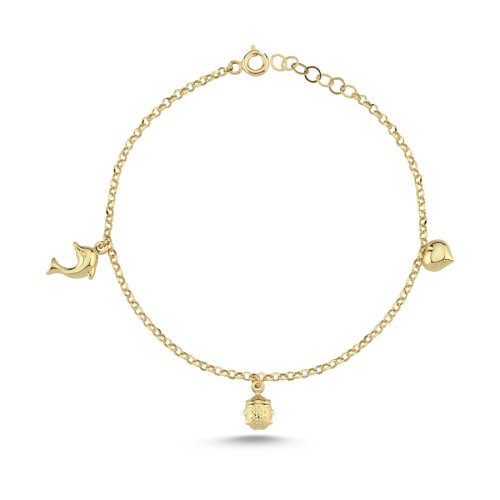 14 Ayar Altın Uğur Böceği Kalp Yunus Charm Bileklik - CNG Jewels