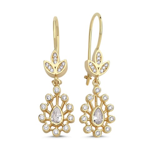 14 Ayar Altın Vintage Damla Taşlı Çengelli Küpe - CNG Jewels
