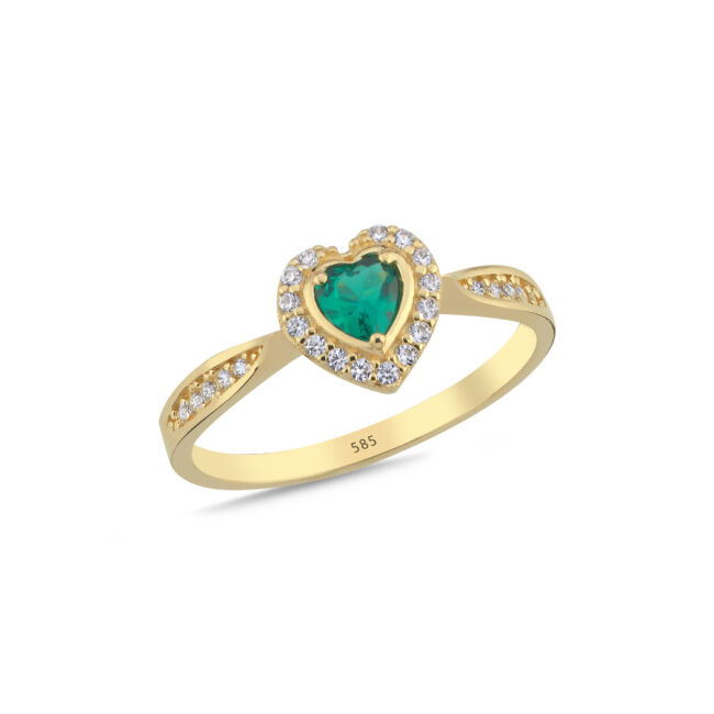 14 Ayar Altın Yeşil Kalp Yüzük - 1