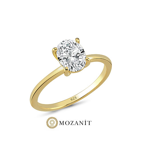1,5 Karat Mozanit Oval Tektaş Gold Gümüş Yüzük - CNG Jewels