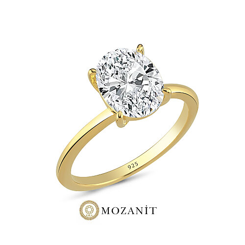 3,5 Karat Mozanit Oval Tektaş Gold Gümüş Yüzük - CNG Jewels