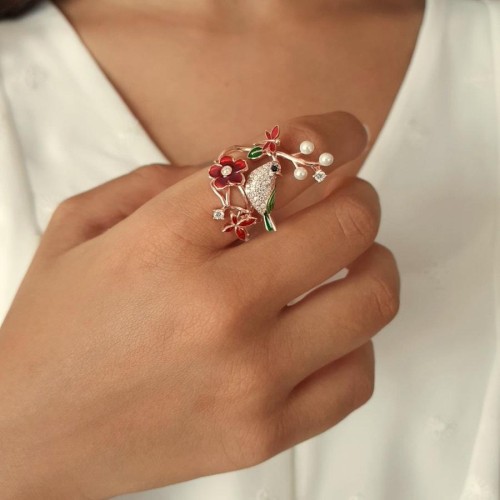 Ağaç Dalında Kuş Kırmızı Çiçek Kelebek Yusufçuk Gümüş Bayan Yüzük - CNG Jewels