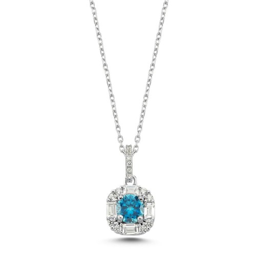 Aqua Blue Baguette Stone Design Women's Silver Necklace 