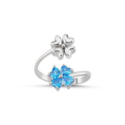 Aqua Blue Double Four Leaf Clover Silver Women's Ring - CNG Jewels