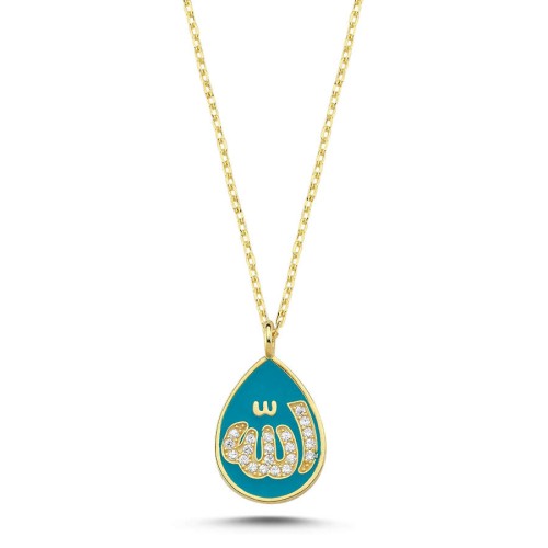 Allah Lafzı Damla Mavi Mineli Gümüş Kadın Kolye - CNG Jewels