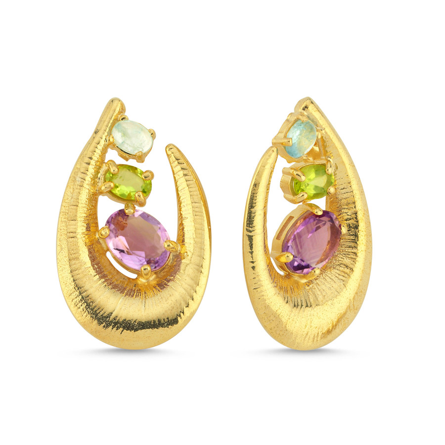 Ametist Peridot Akuamarin Taşlı Tasarım Gümüş Küpe - CNG Jewels