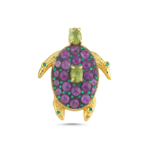 Ametist Peridot Taşlı Tasarım Caretta Kaplumbağa Gümüş Kolye Ucu 