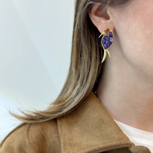 Ametist Taşlı Ağaçkakan Kuşu Tasarım Gümüş Küpe - CNG Jewels (1)